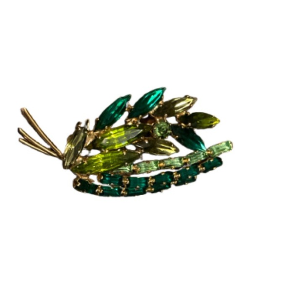 Vintage Art Glass Brooch,Emerald Green Elongated Marquise Pin Brooch - Picture 5 of 8